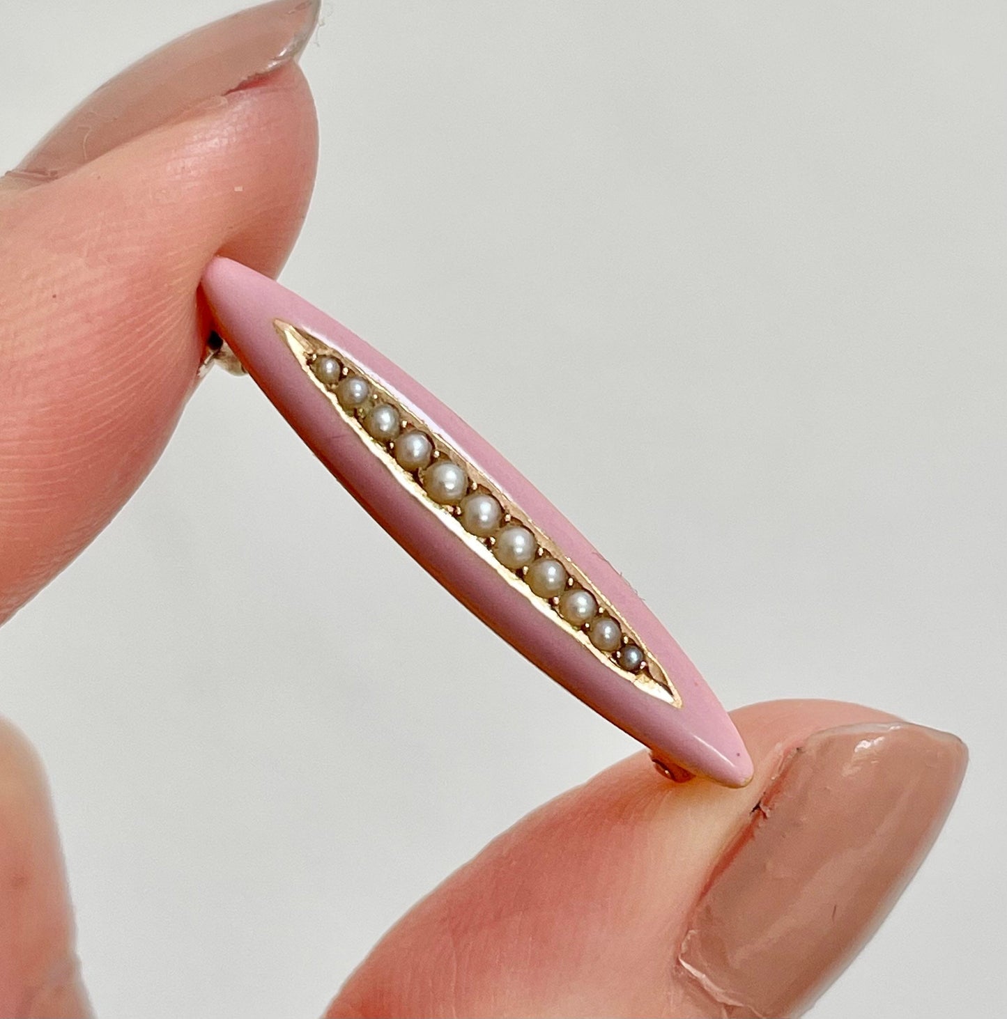 Victorian Pink Enamel & Pearl 14 Carat Gold; Circa 1890