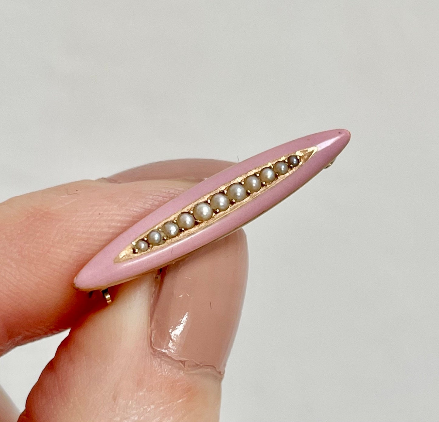 Victorian Pink Enamel & Pearl 14 Carat Gold; Circa 1890
