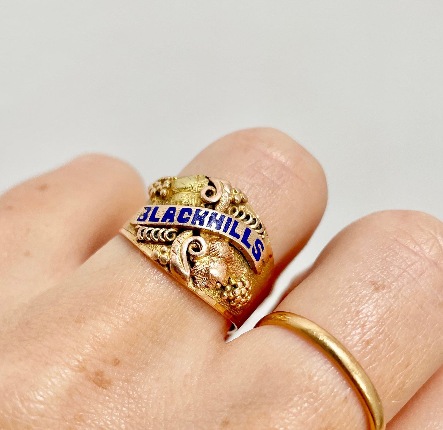 Antique Enamel Black Hills Ring in 14 Carat Gold; Circa 1899