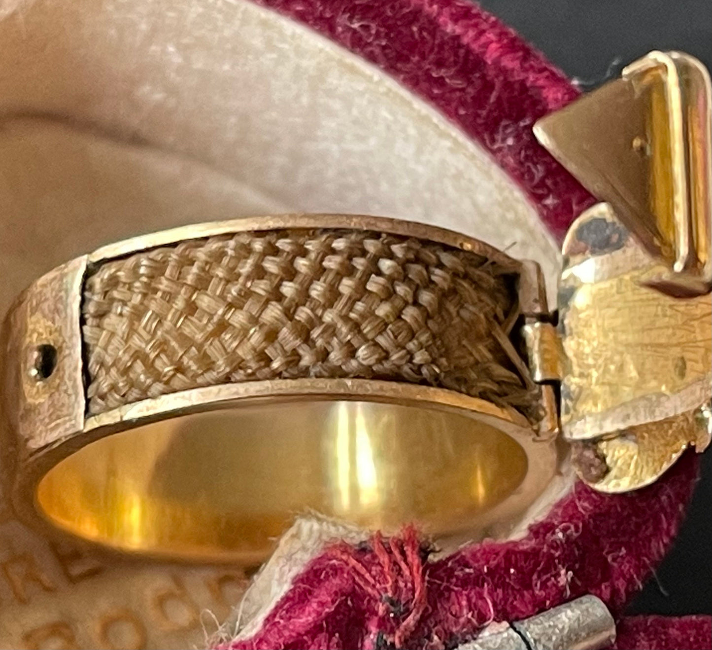 RARE Victorian Mourning Buckle Locket Ring with Engraving in 18 Carat Gold; Circa 1880