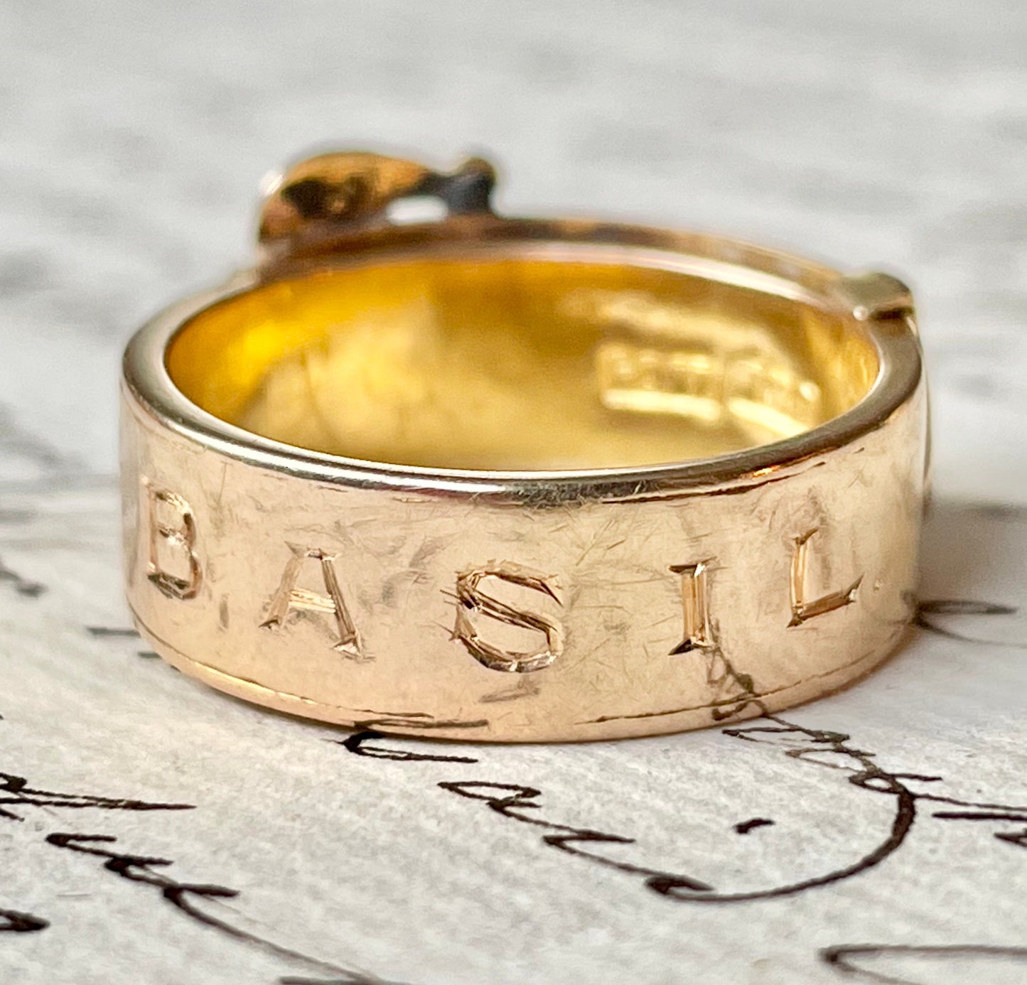 RARE Victorian Mourning Buckle Locket Ring with Engraving in 18 Carat Gold; Circa 1880