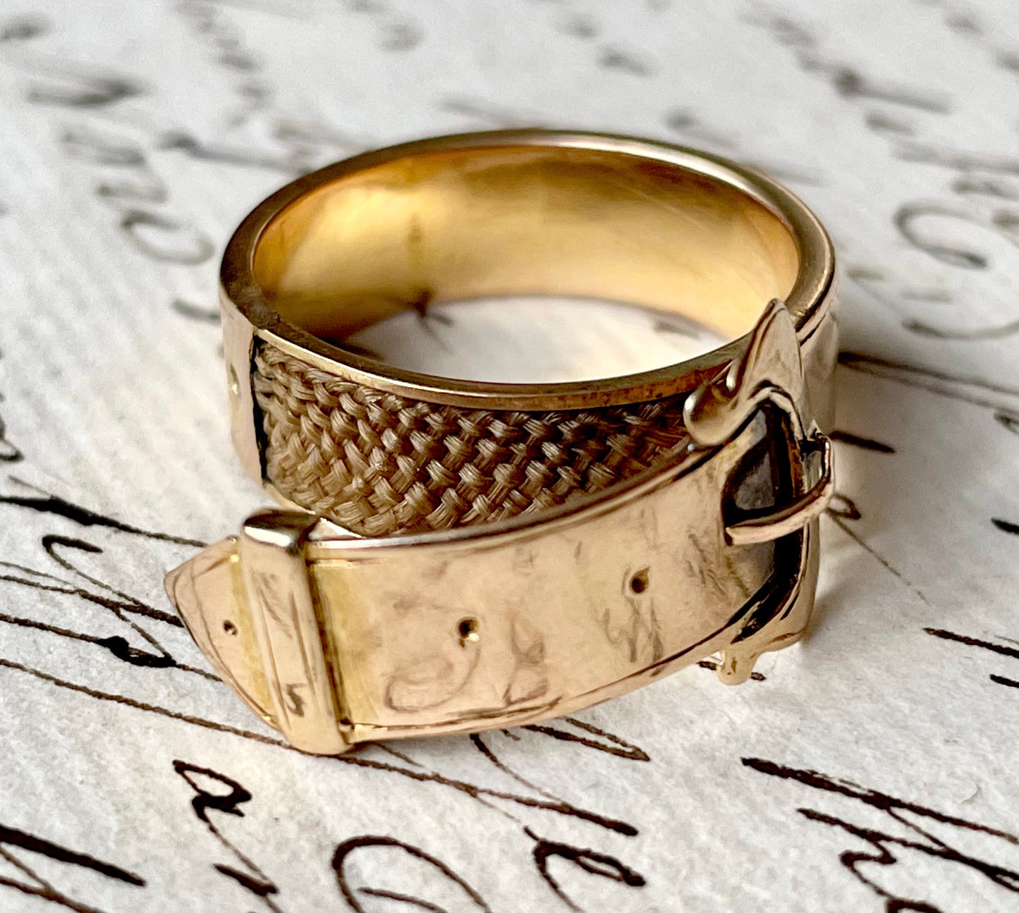 RARE Victorian Mourning Buckle Locket Ring with Engraving in 18 Carat Gold; Circa 1880