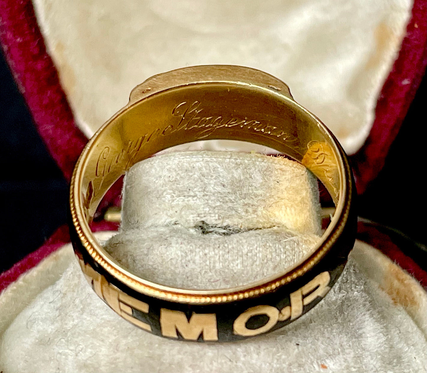 Antique Enamel Mourning Ring with Engraving in 18 Carat Gold; Circa 1884