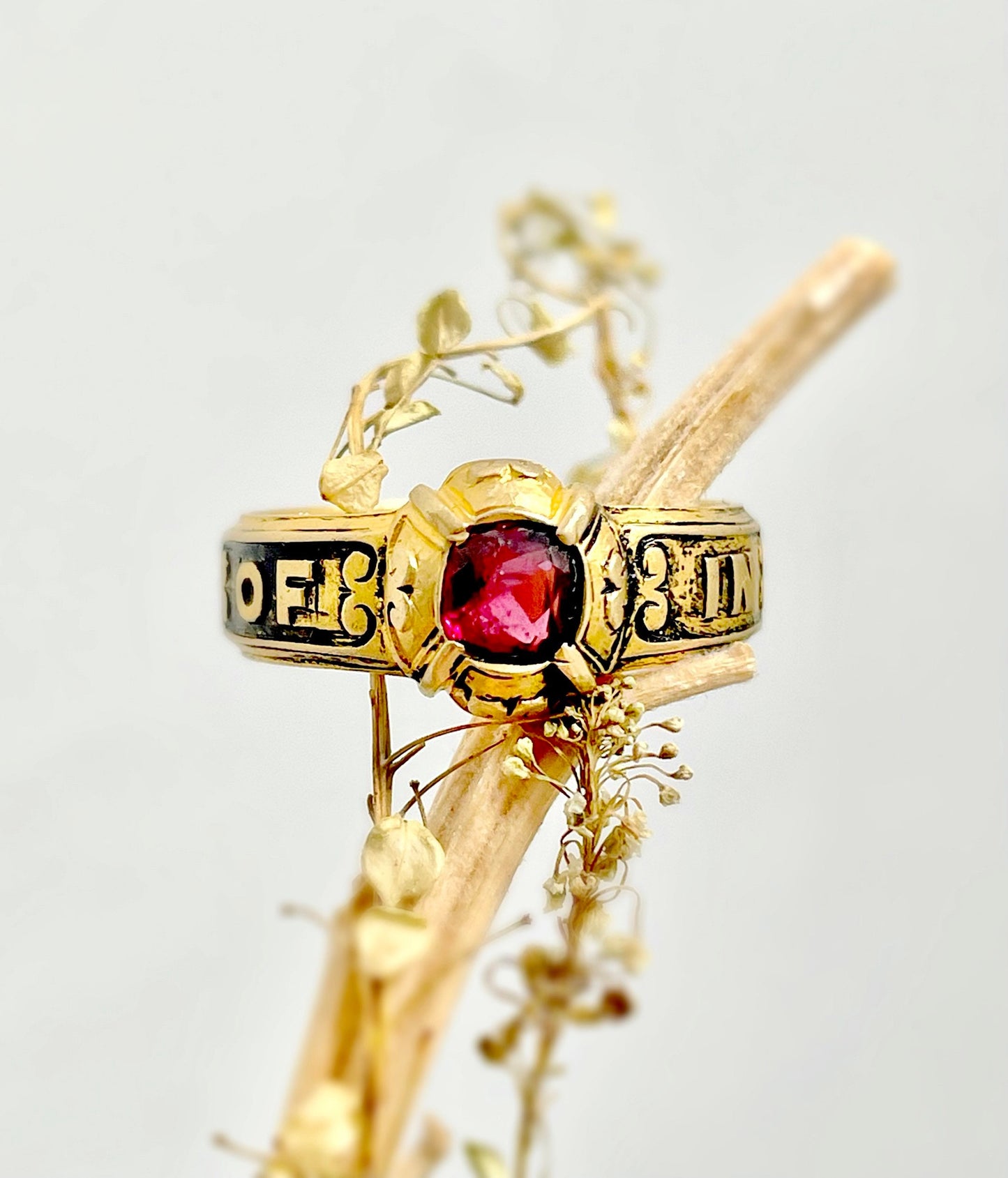 Antique Garnet Mourning Ring in 18 Carat Gold, Circa 1880