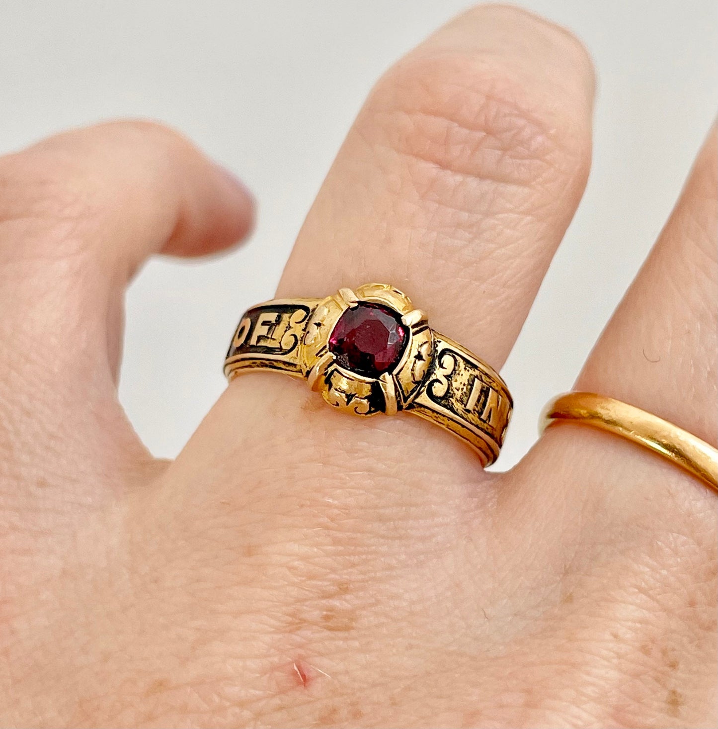 Antique Garnet Mourning Ring in 18 Carat Gold, Circa 1880