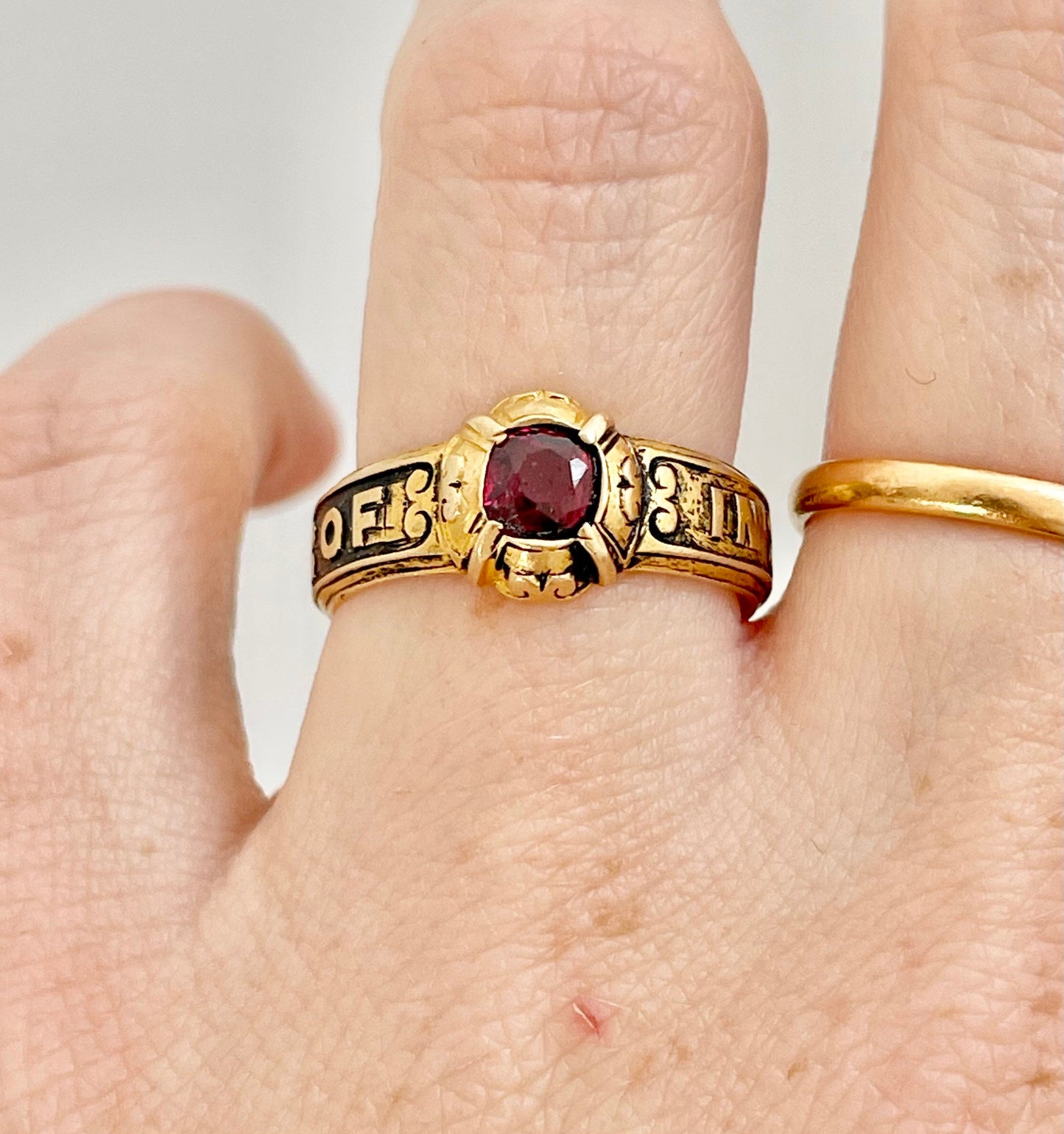 Antique Garnet Mourning Ring in 18 Carat Gold, Circa 1880
