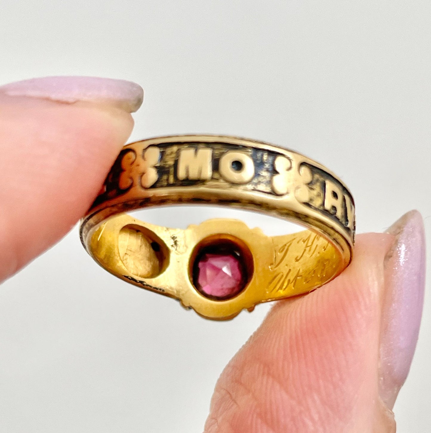 Antique Garnet Mourning Ring in 18 Carat Gold, Circa 1880