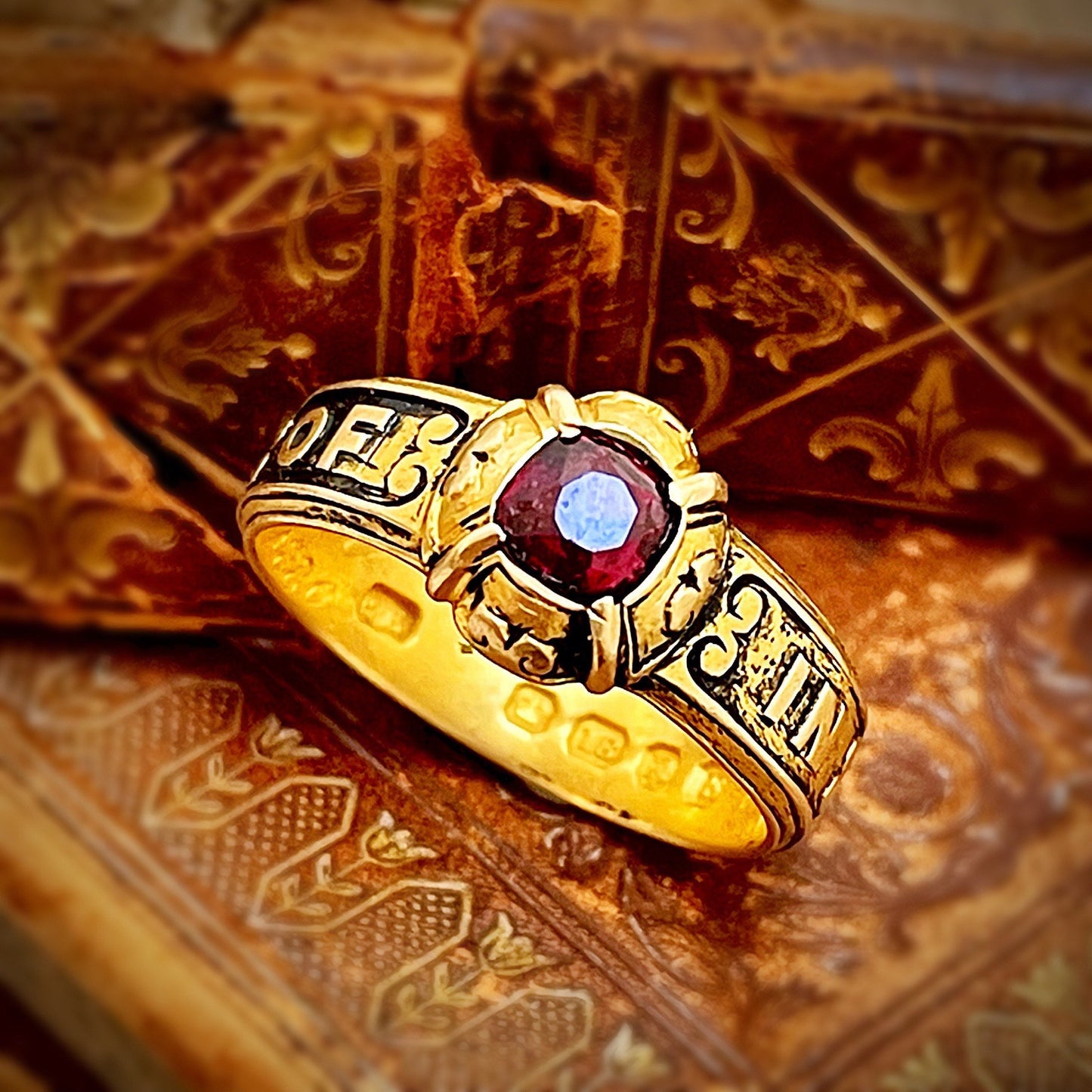 Antique Garnet Mourning Ring in 18 Carat Gold, Circa 1880