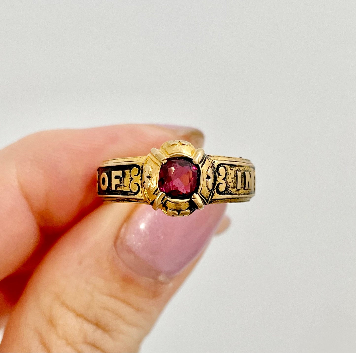 Antique Garnet Mourning Ring in 18 Carat Gold, Circa 1880