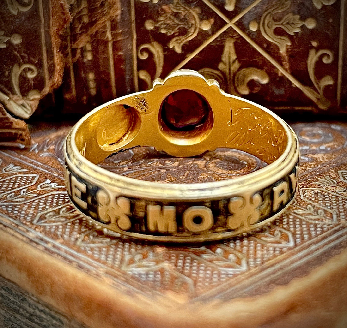 Antique Garnet Mourning Ring in 18 Carat Gold, Circa 1880