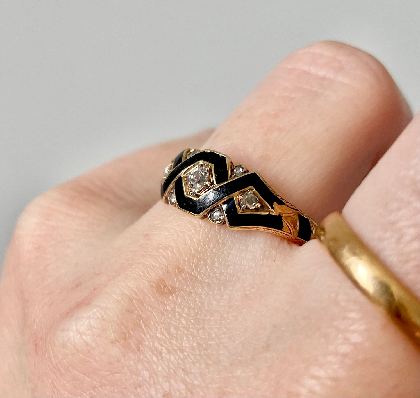 Antique Diamond & Enamel Mourning Ring with Inscription; Circa 1870