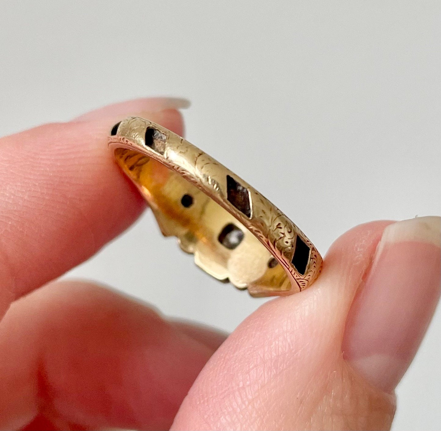 Antique Diamond & Enamel Mourning Ring with Inscription; Circa 1870