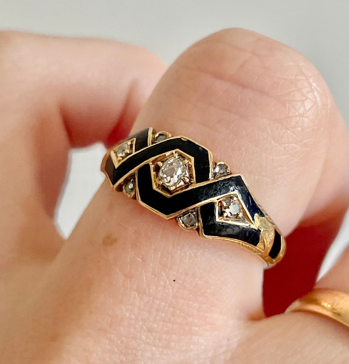 Antique Diamond & Enamel Mourning Ring with Inscription; Circa 1870