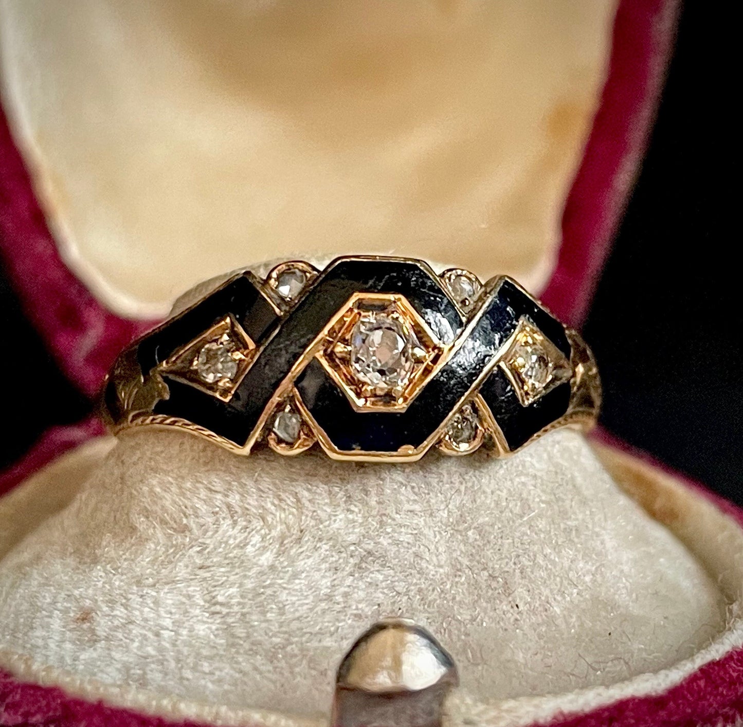 Antique Diamond & Enamel Mourning Ring with Inscription; Circa 1870