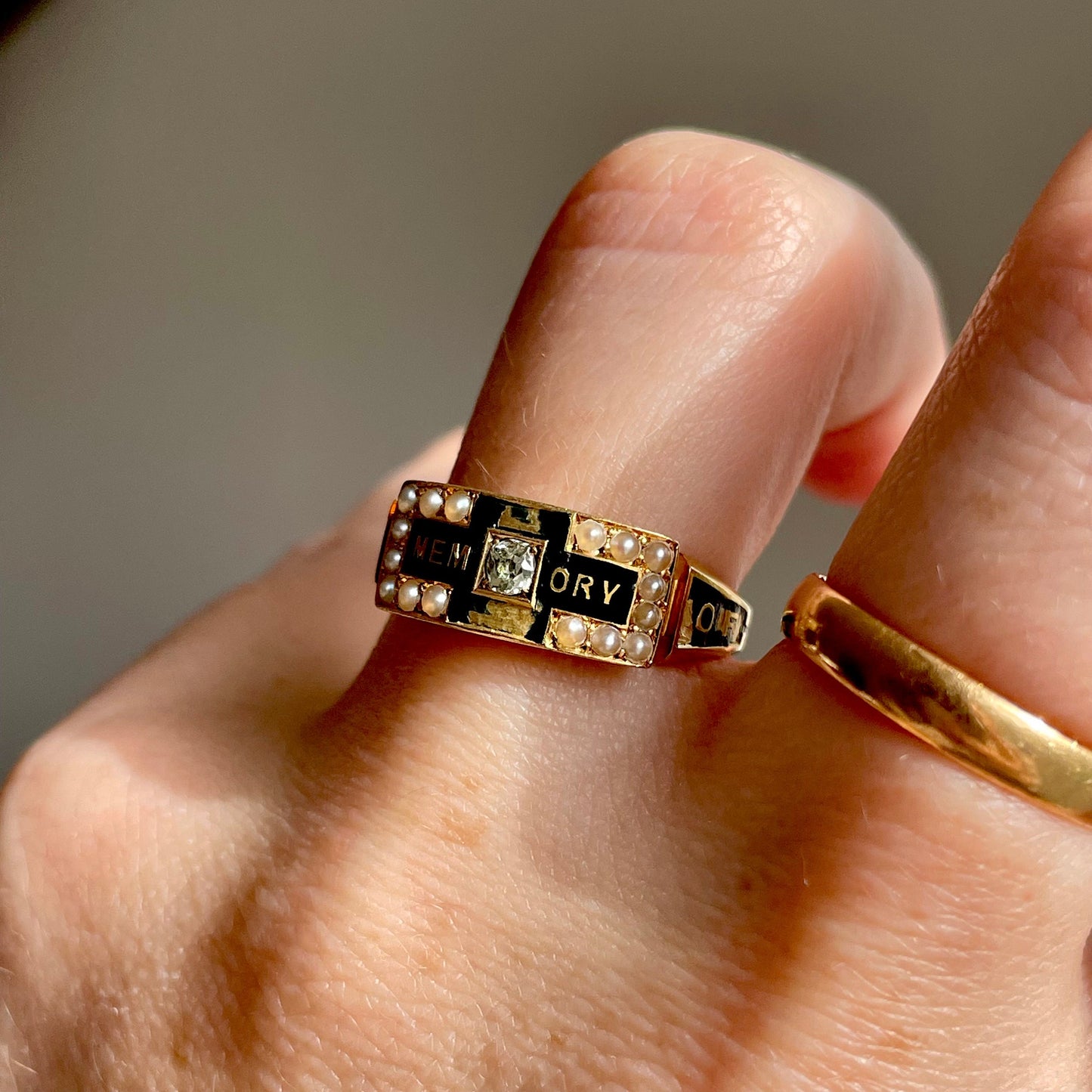 Antique Diamond & Enamel Mourning Ring with Inscription; Circa 1883