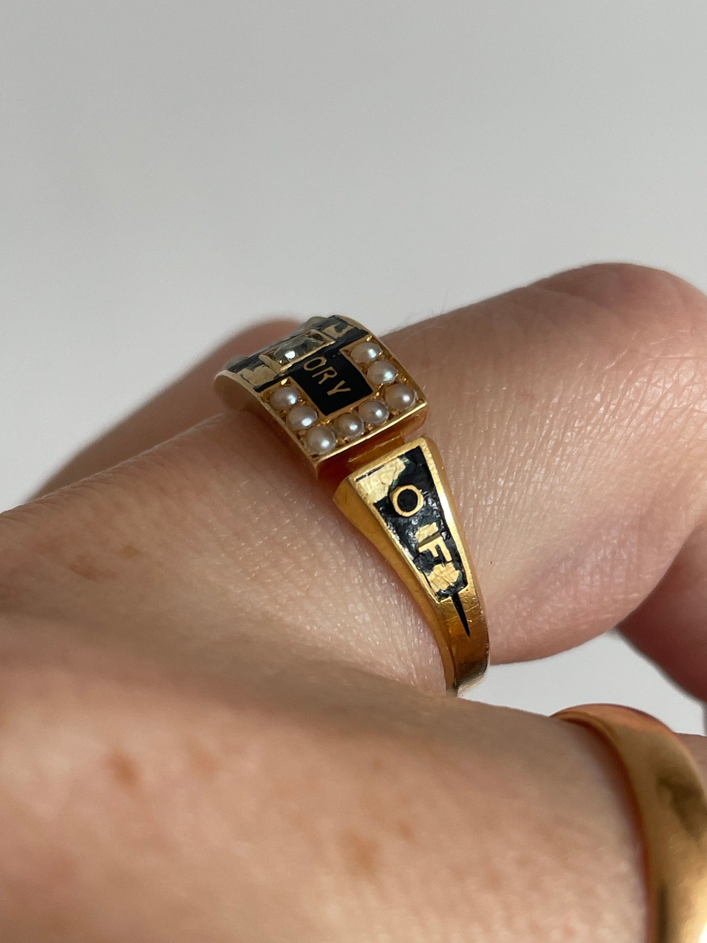 Antique Diamond & Enamel Mourning Ring with Inscription; Circa 1883