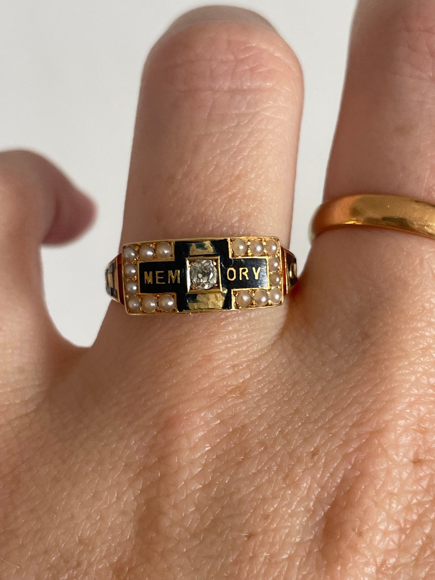 Antique Diamond & Enamel Mourning Ring with Inscription; Circa 1883