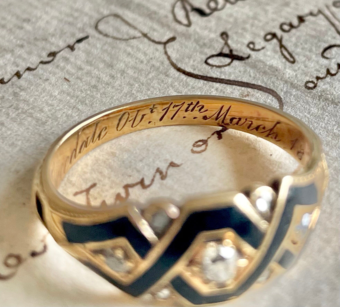 Antique Diamond & Enamel Mourning Ring with Inscription; Circa 1870