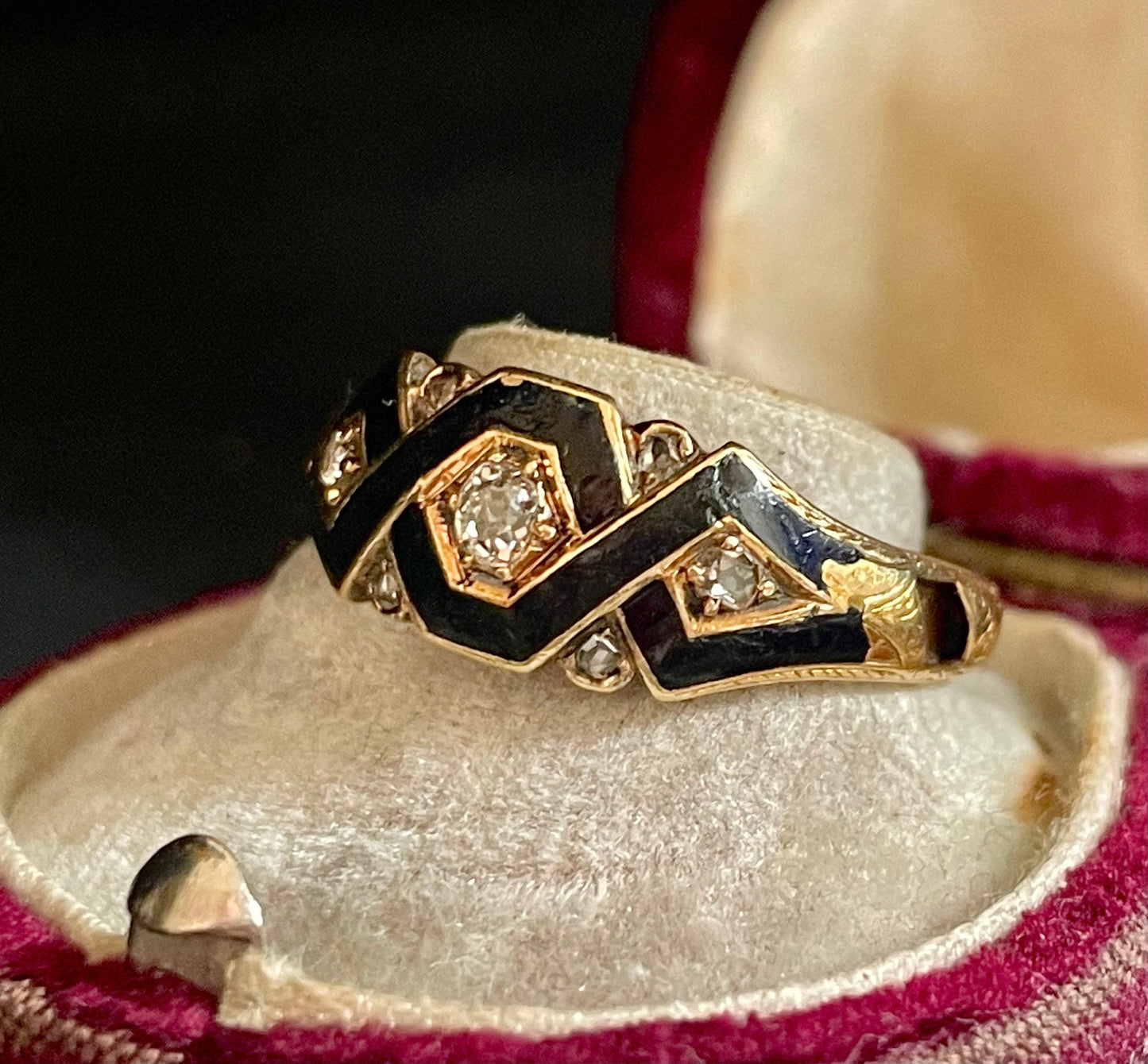Antique Diamond & Enamel Mourning Ring with Inscription; Circa 1870