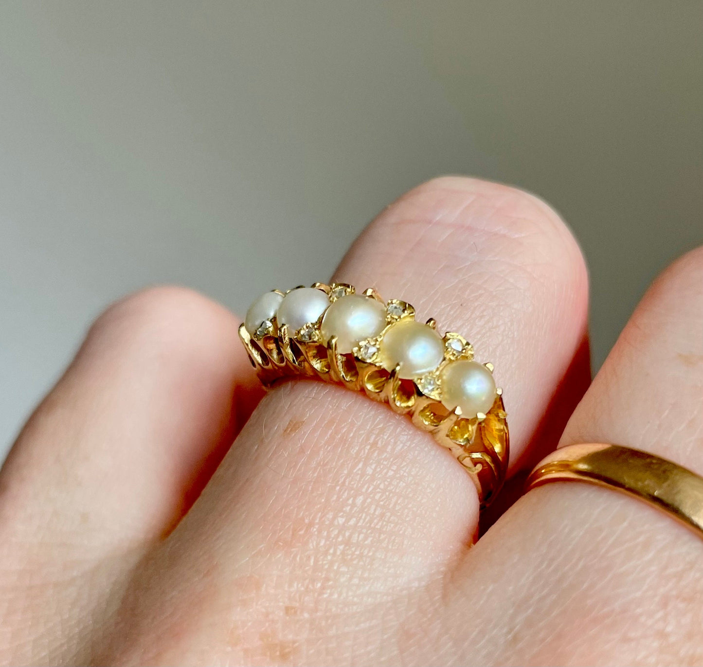 Antique Pearl & Diamond Ring in 18 Carat Gold; Circa 1880