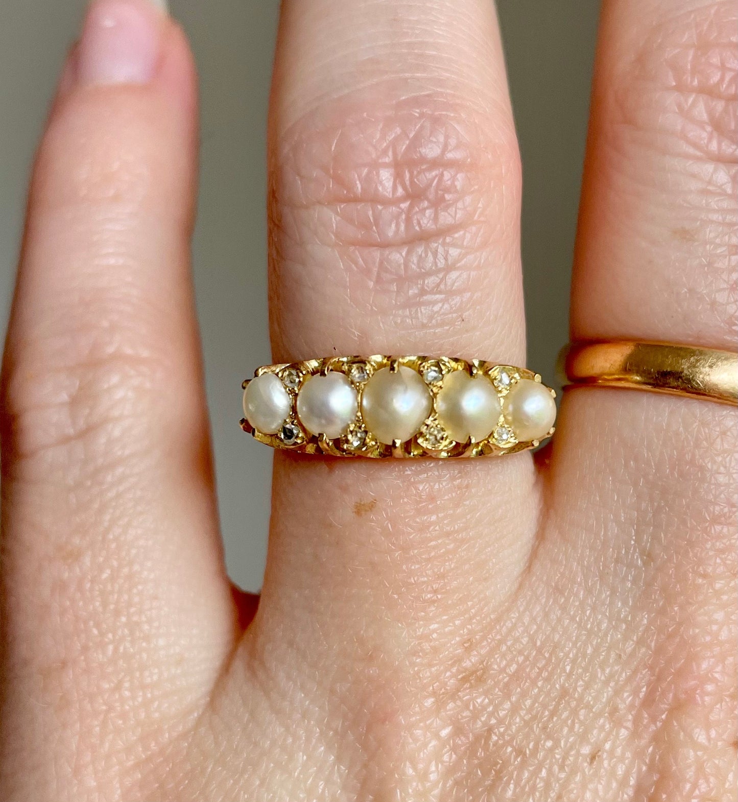Antique Pearl & Diamond Ring in 18 Carat Gold; Circa 1880