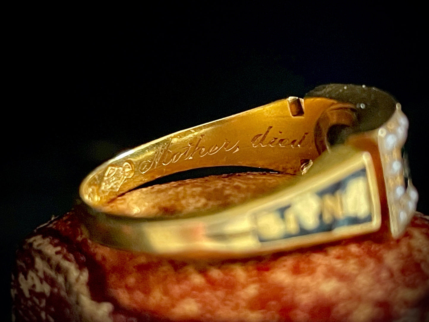 Antique Diamond & Enamel Mourning Ring with Inscription; Circa 1883