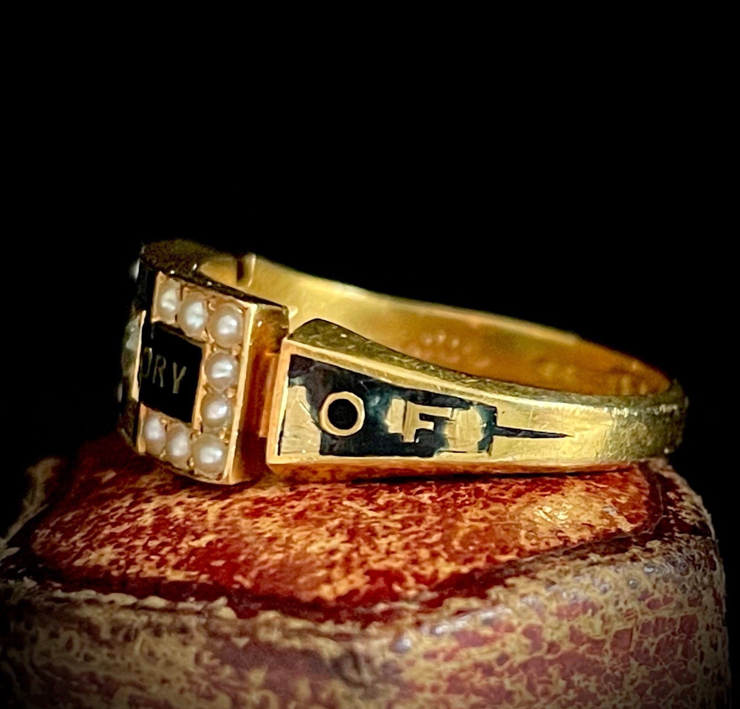 Antique Diamond & Enamel Mourning Ring with Inscription; Circa 1883