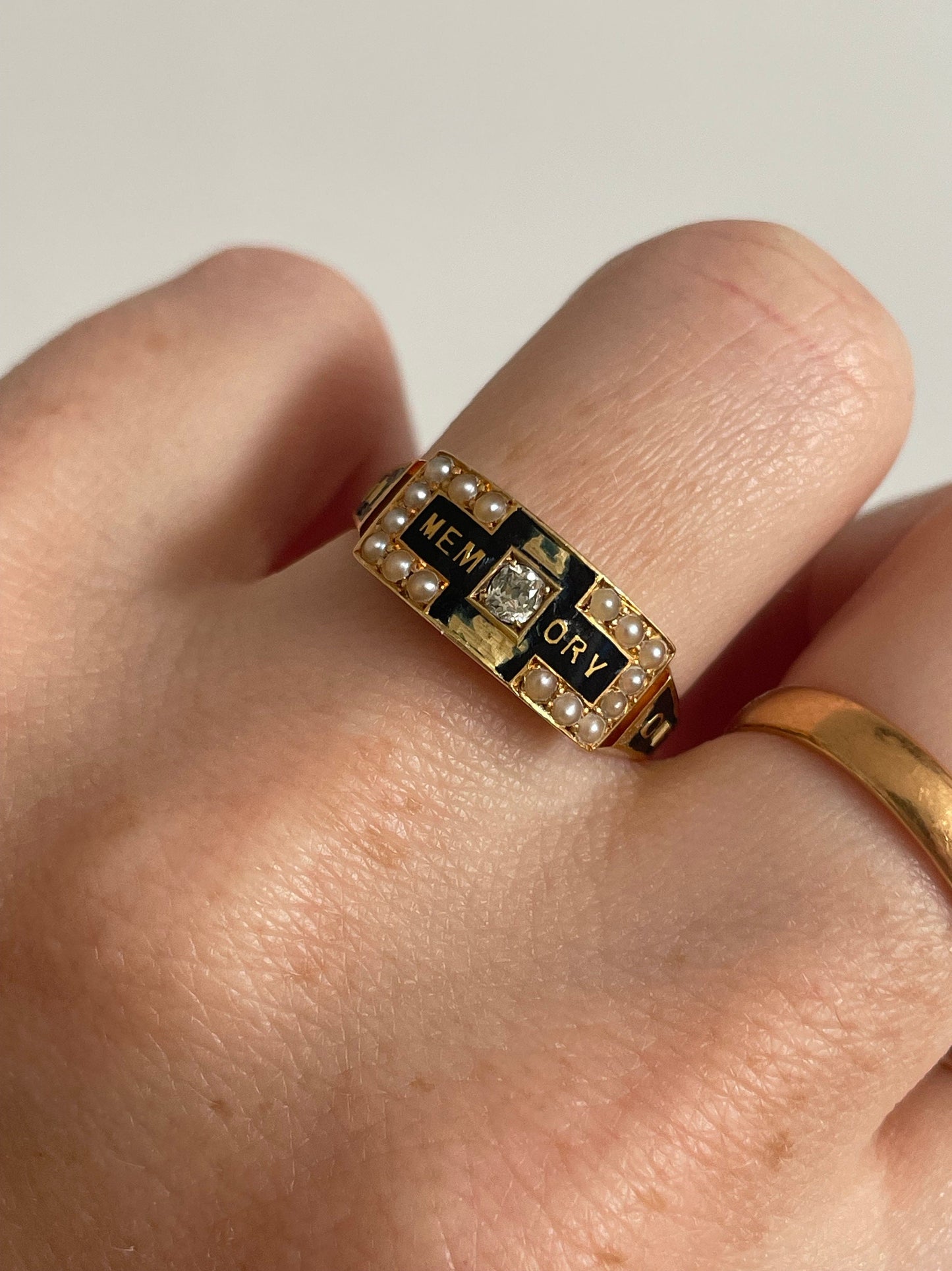 Antique Diamond & Enamel Mourning Ring with Inscription; Circa 1883
