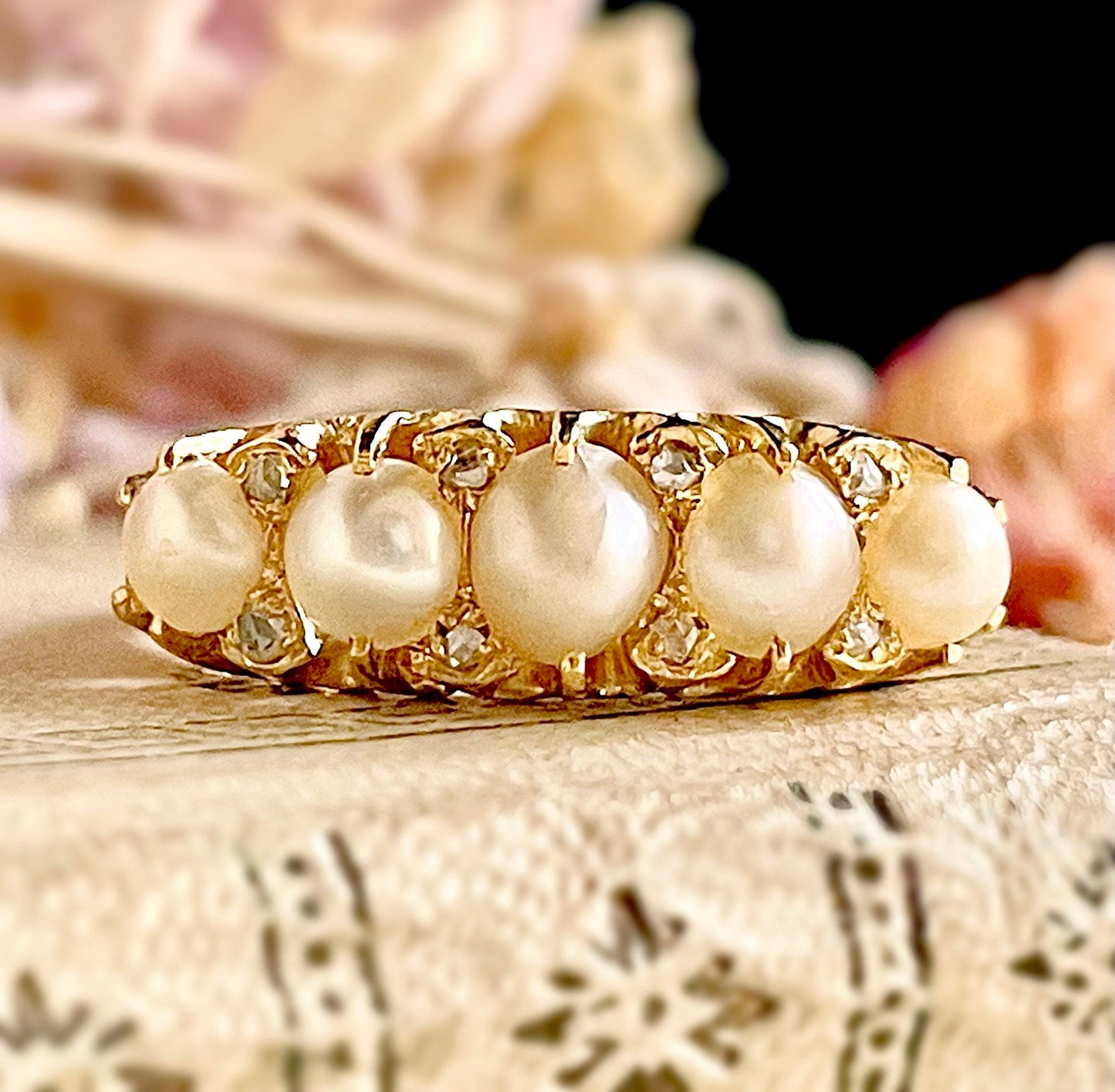Antique Pearl & Diamond Ring in 18 Carat Gold; Circa 1880