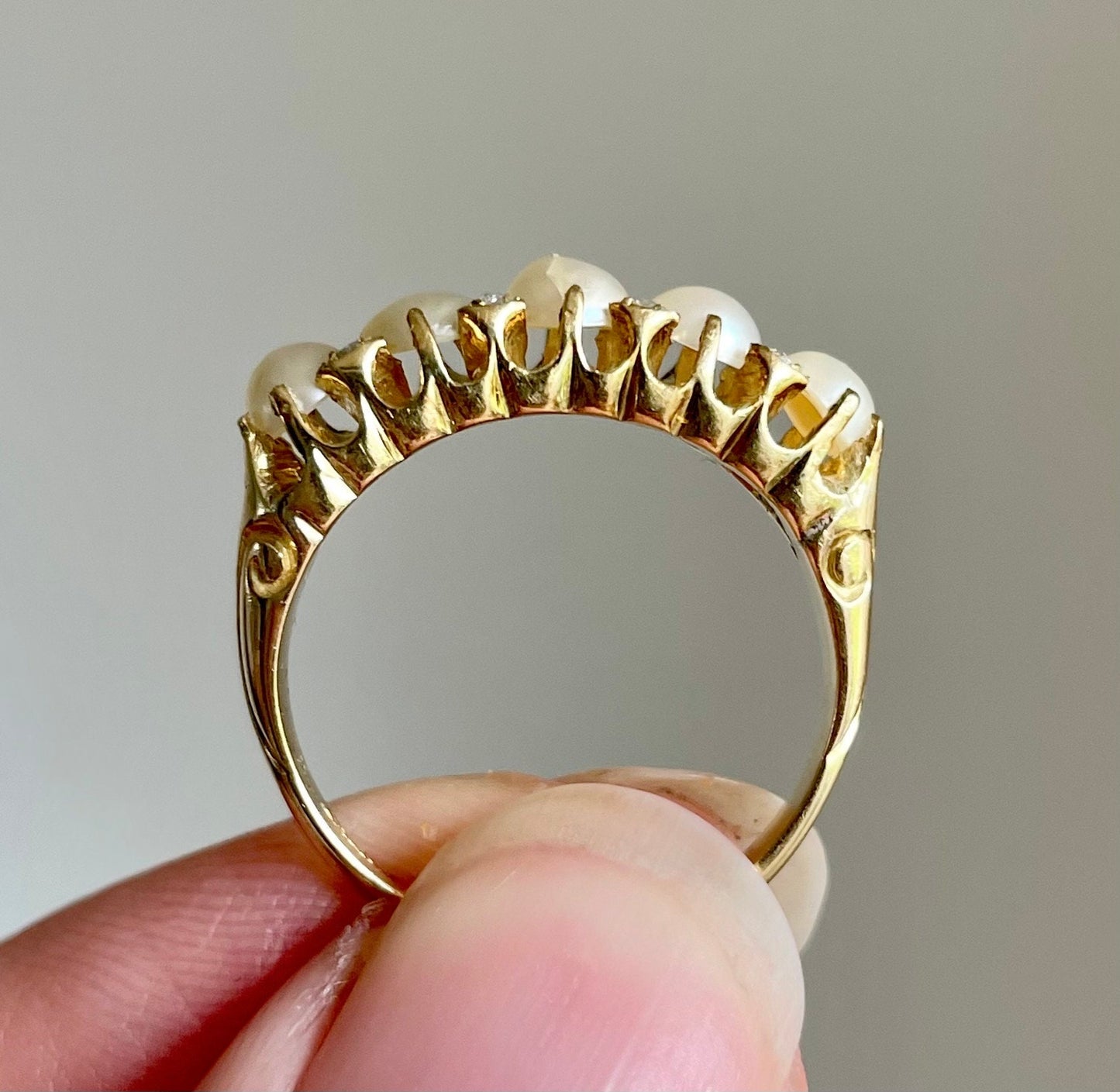 Antique Pearl & Diamond Ring in 18 Carat Gold; Circa 1880