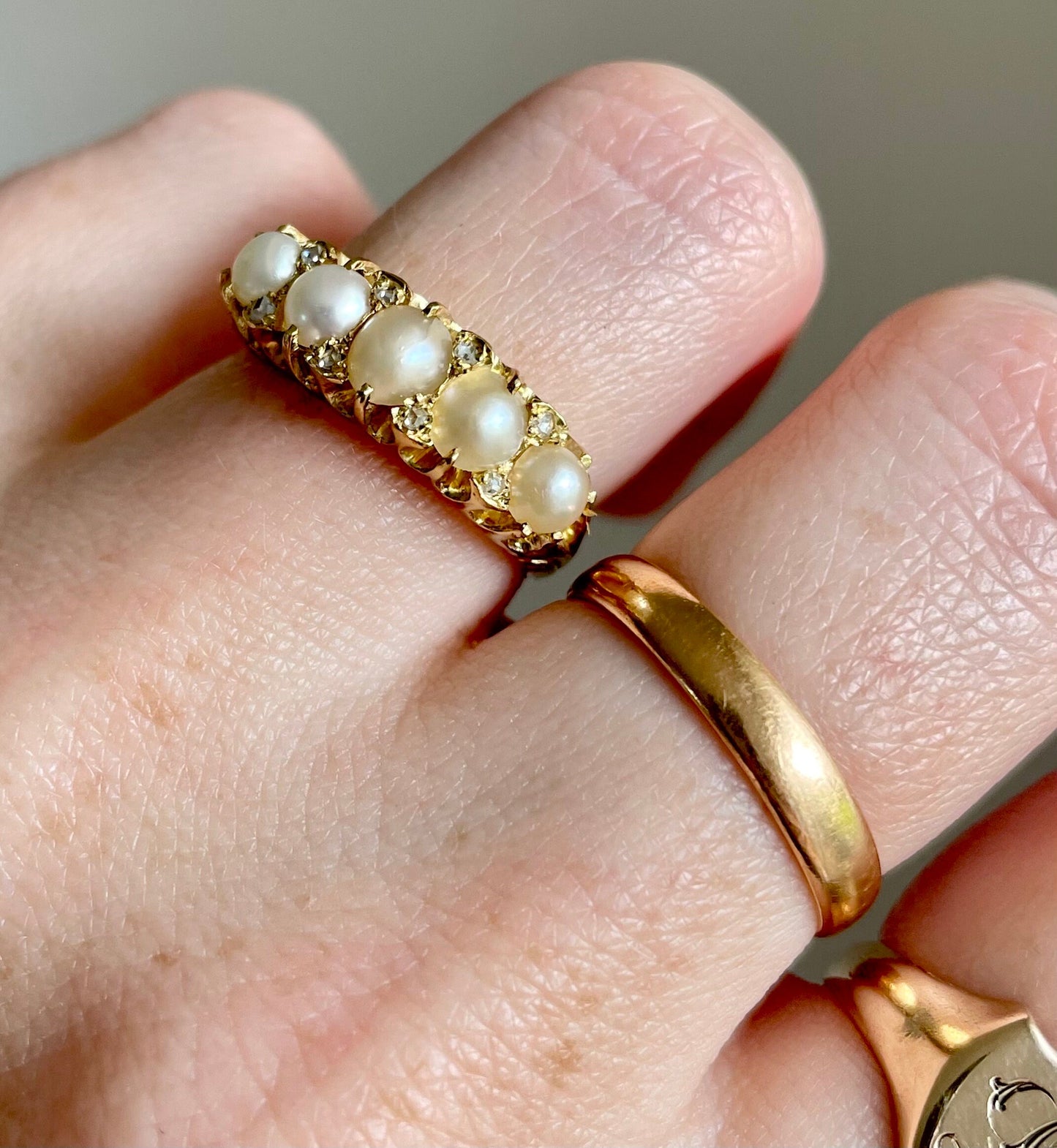 Antique Pearl & Diamond Ring in 18 Carat Gold; Circa 1880