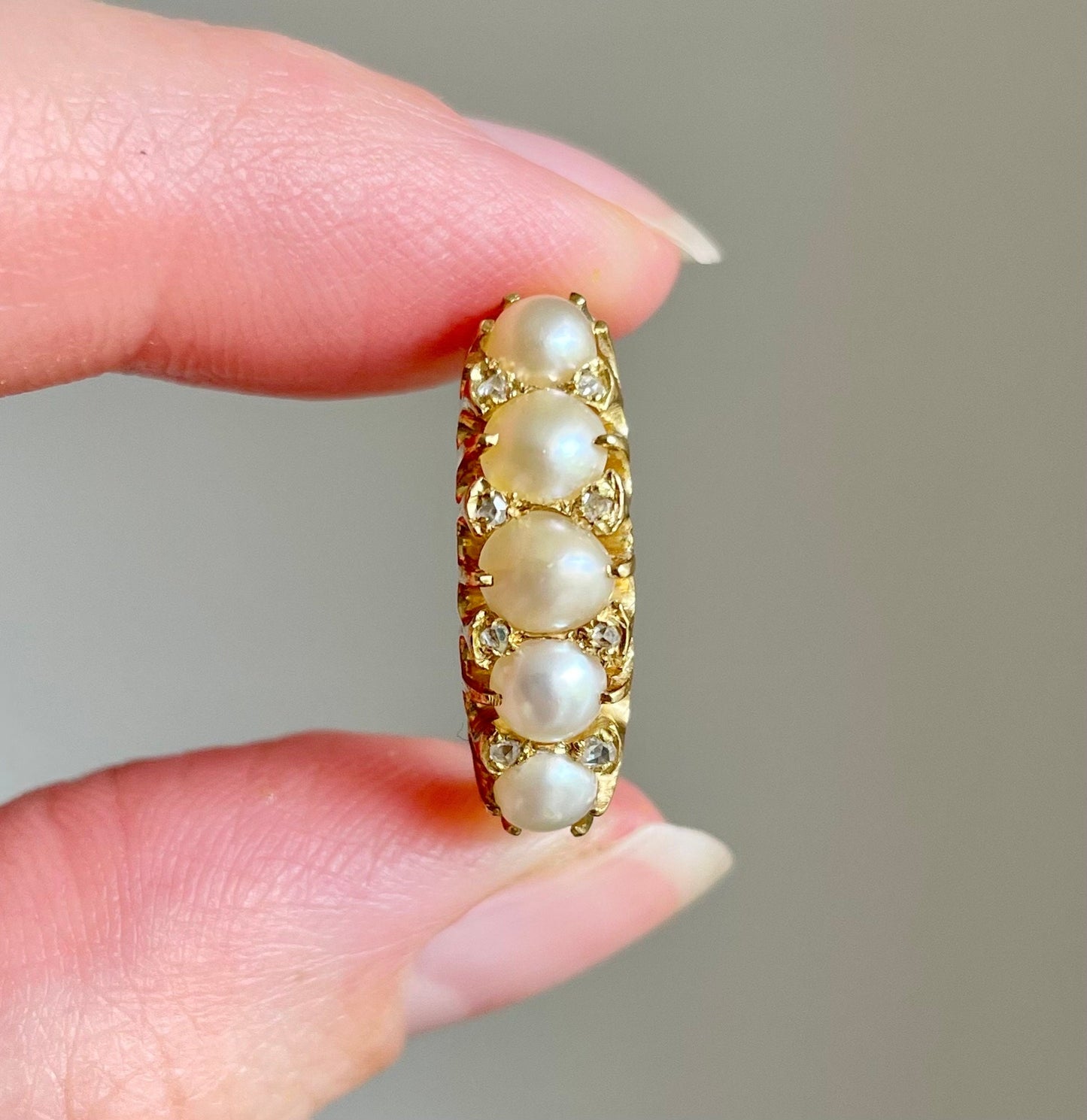Antique Pearl & Diamond Ring in 18 Carat Gold; Circa 1880