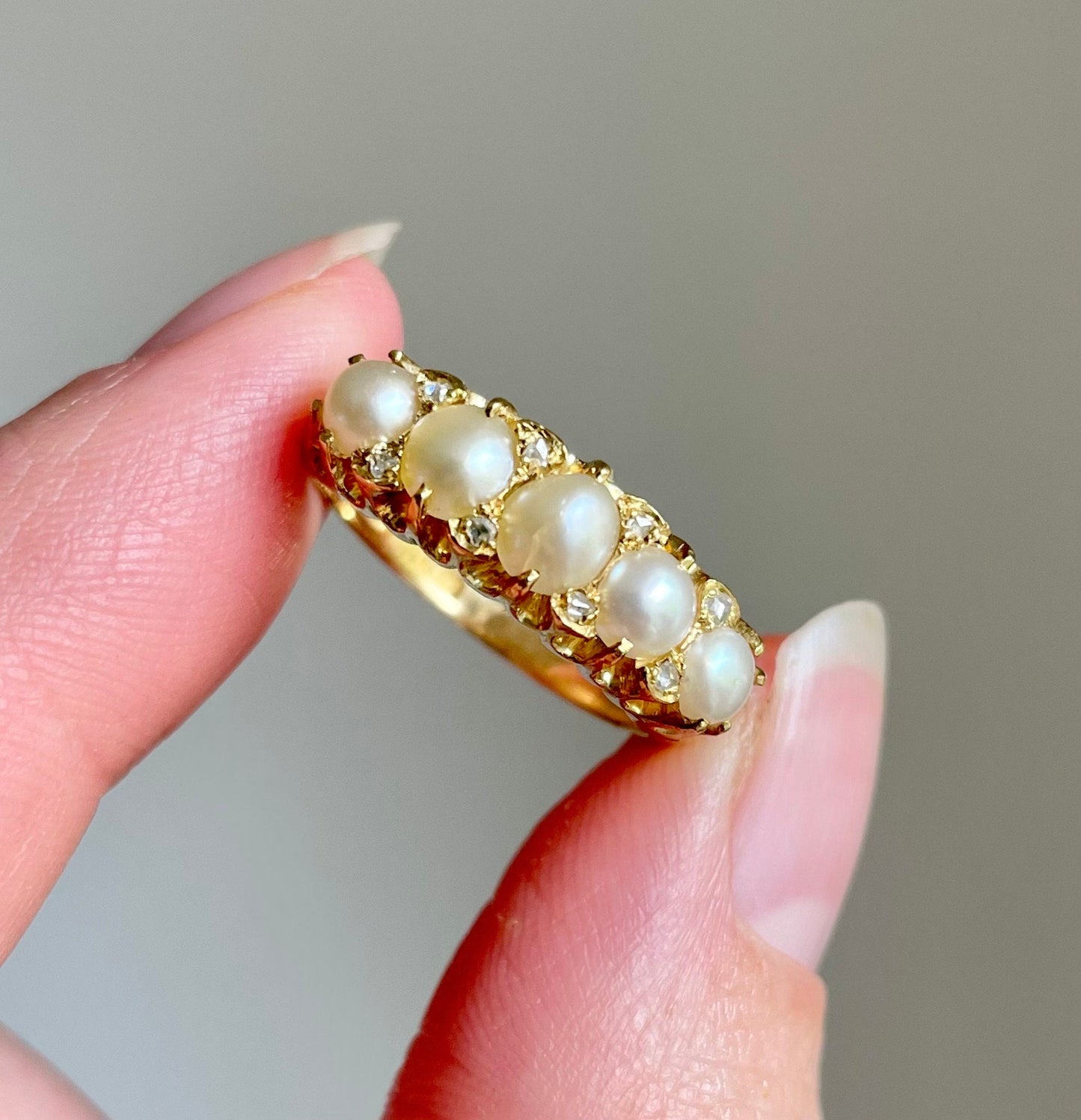Antique Pearl & Diamond Ring in 18 Carat Gold; Circa 1880