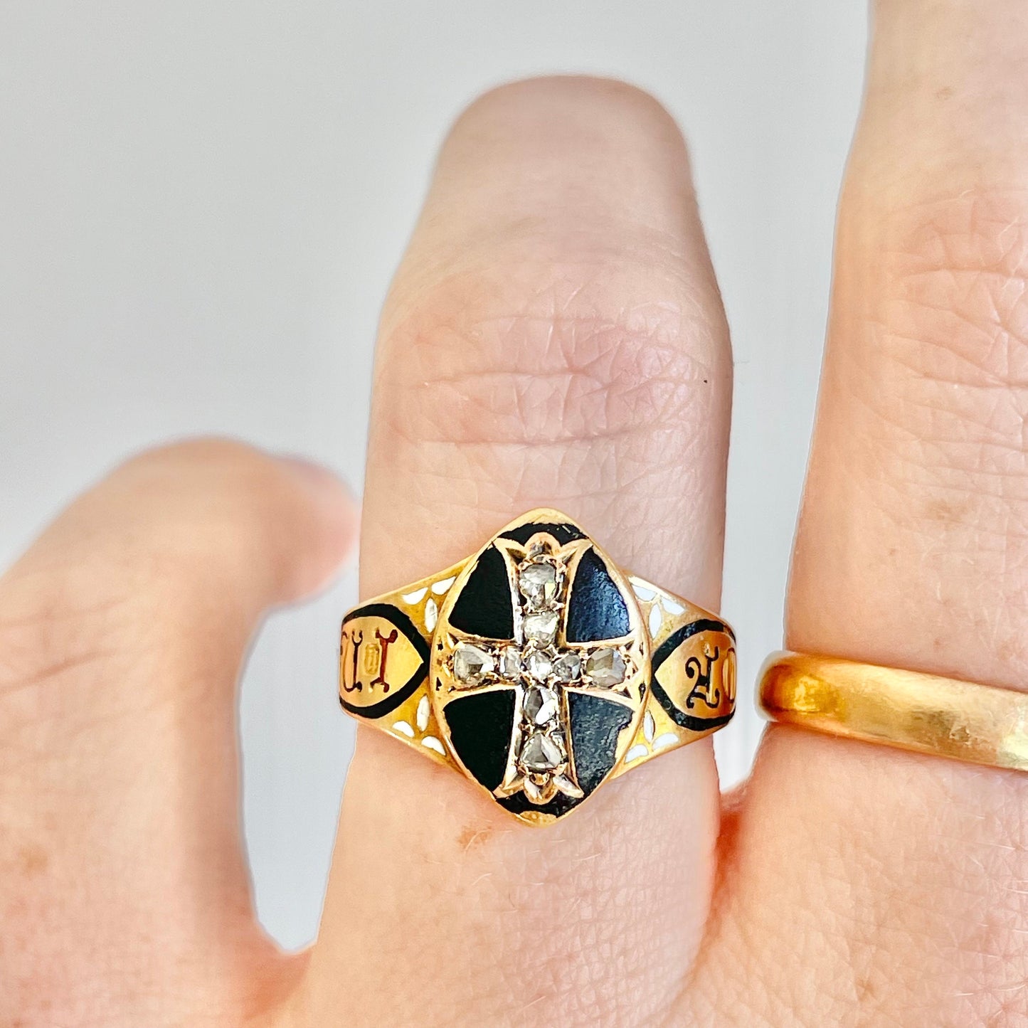 Antique Diamond & Enamel Mourning Ring in 18 Carat Gold; Circa 1868