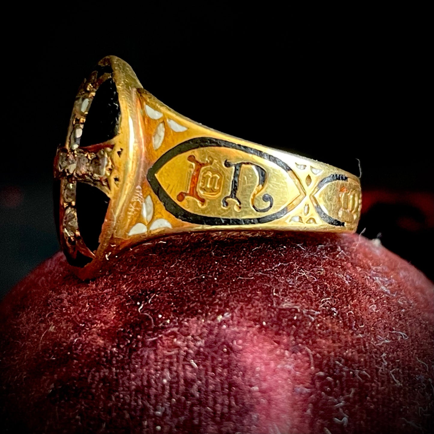 Antique Diamond & Enamel Mourning Ring in 18 Carat Gold; Circa 1868