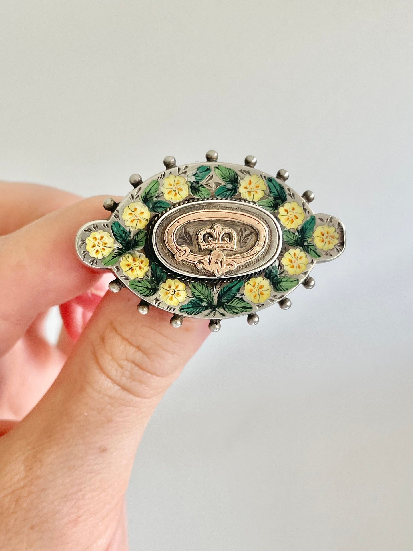 Antique Enamel Sentimental Silver Brooch; Circa 1890