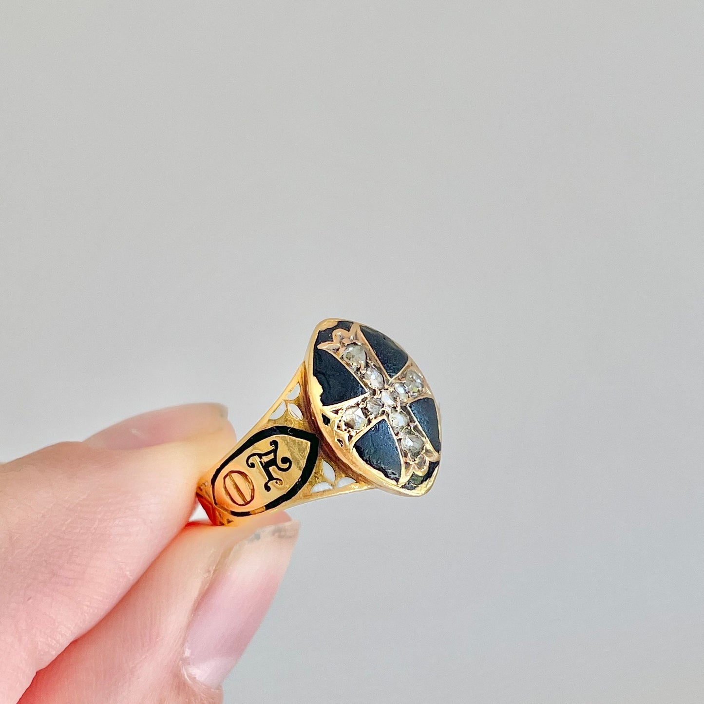 Antique Diamond & Enamel Mourning Ring in 18 Carat Gold; Circa 1868