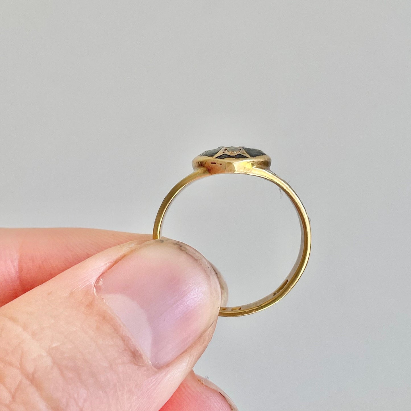 Antique Diamond & Enamel Mourning Ring in 18 Carat Gold; Circa 1868