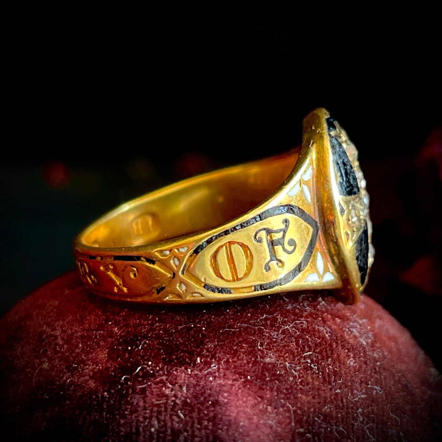 Antique Diamond & Enamel Mourning Ring in 18 Carat Gold; Circa 1868