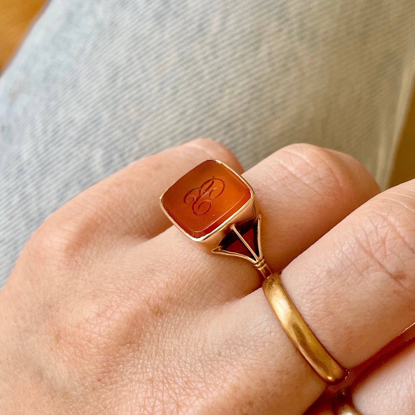 Antique Carnelian 'B' Intaglio Signet Ring in 9 Carat Gold, Circa 1880s