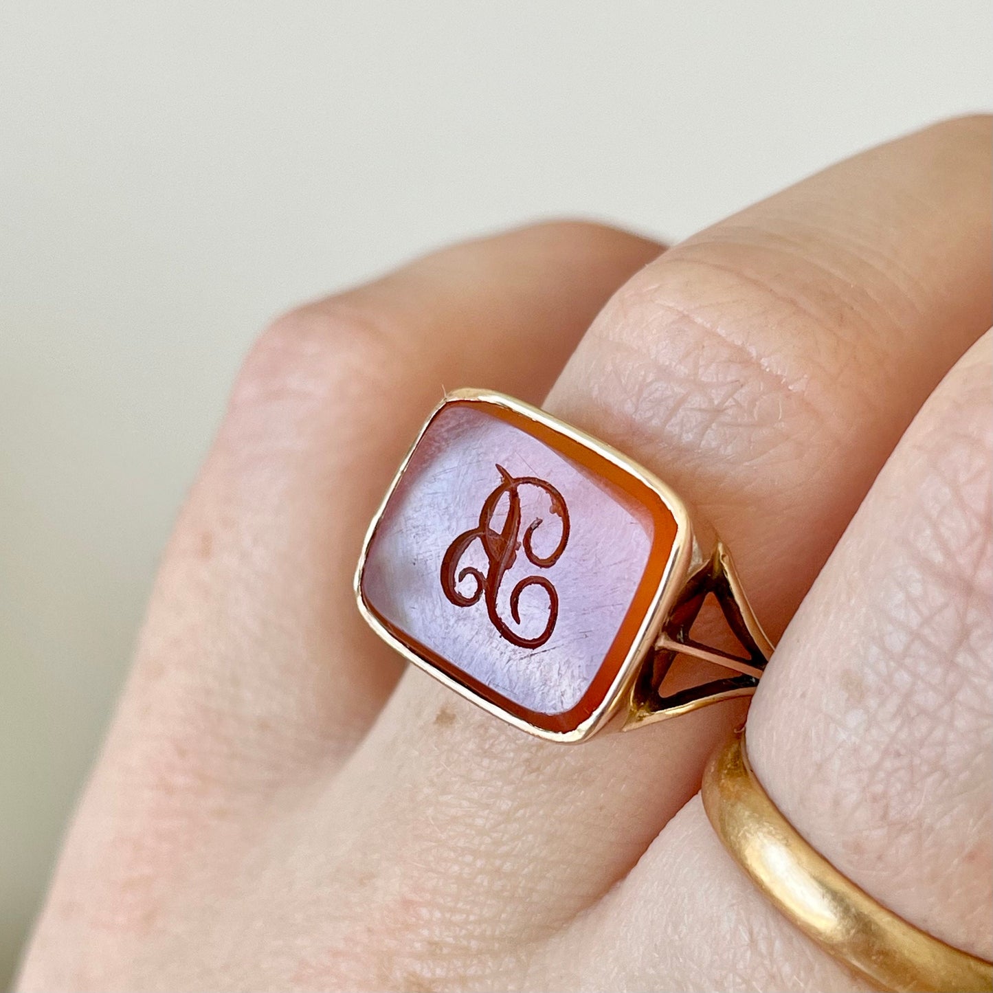 Antique Carnelian 'B' Intaglio Signet Ring in 9 Carat Gold, Circa 1880s