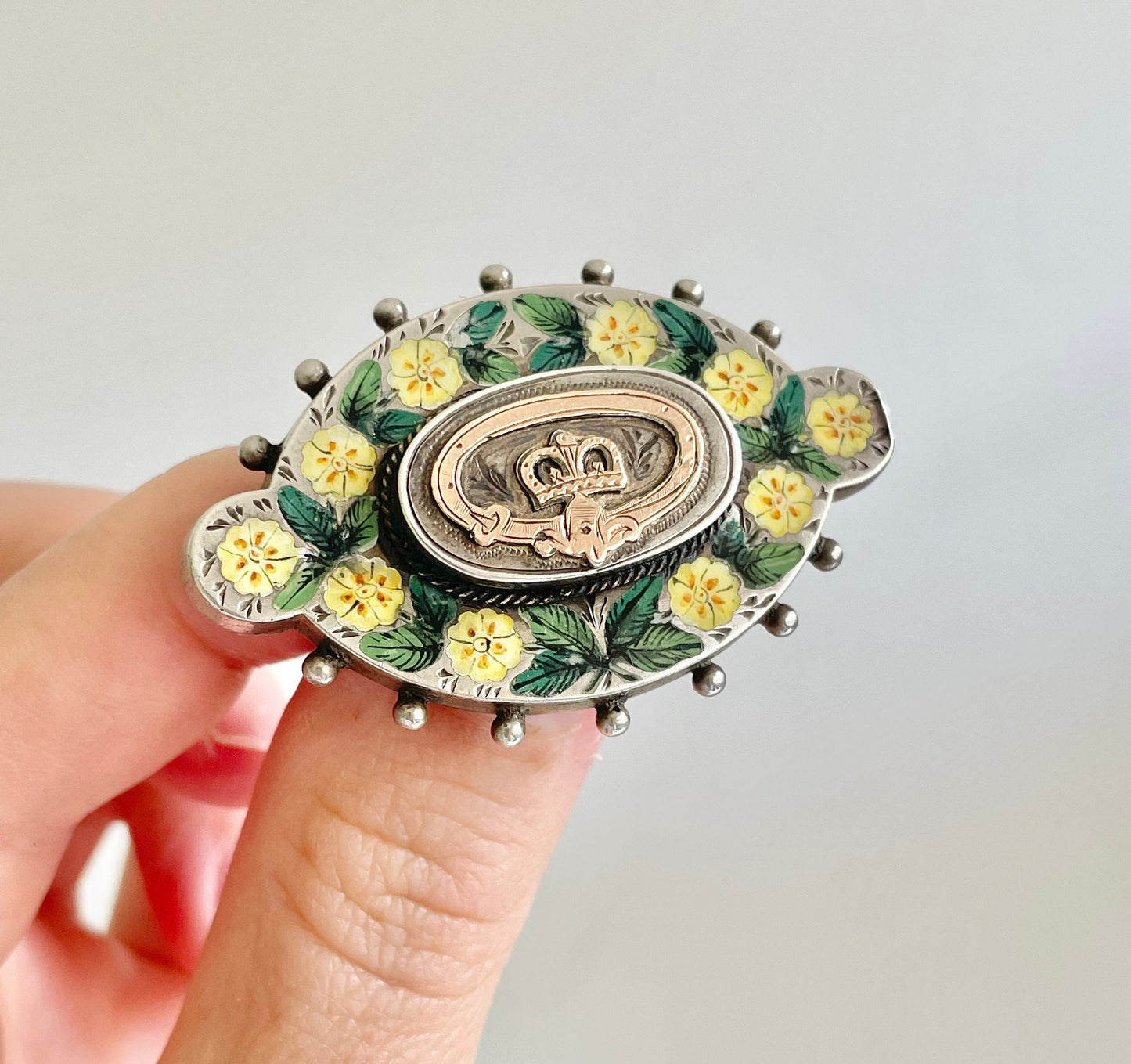 Antique Enamel Sentimental Silver Brooch; Circa 1890