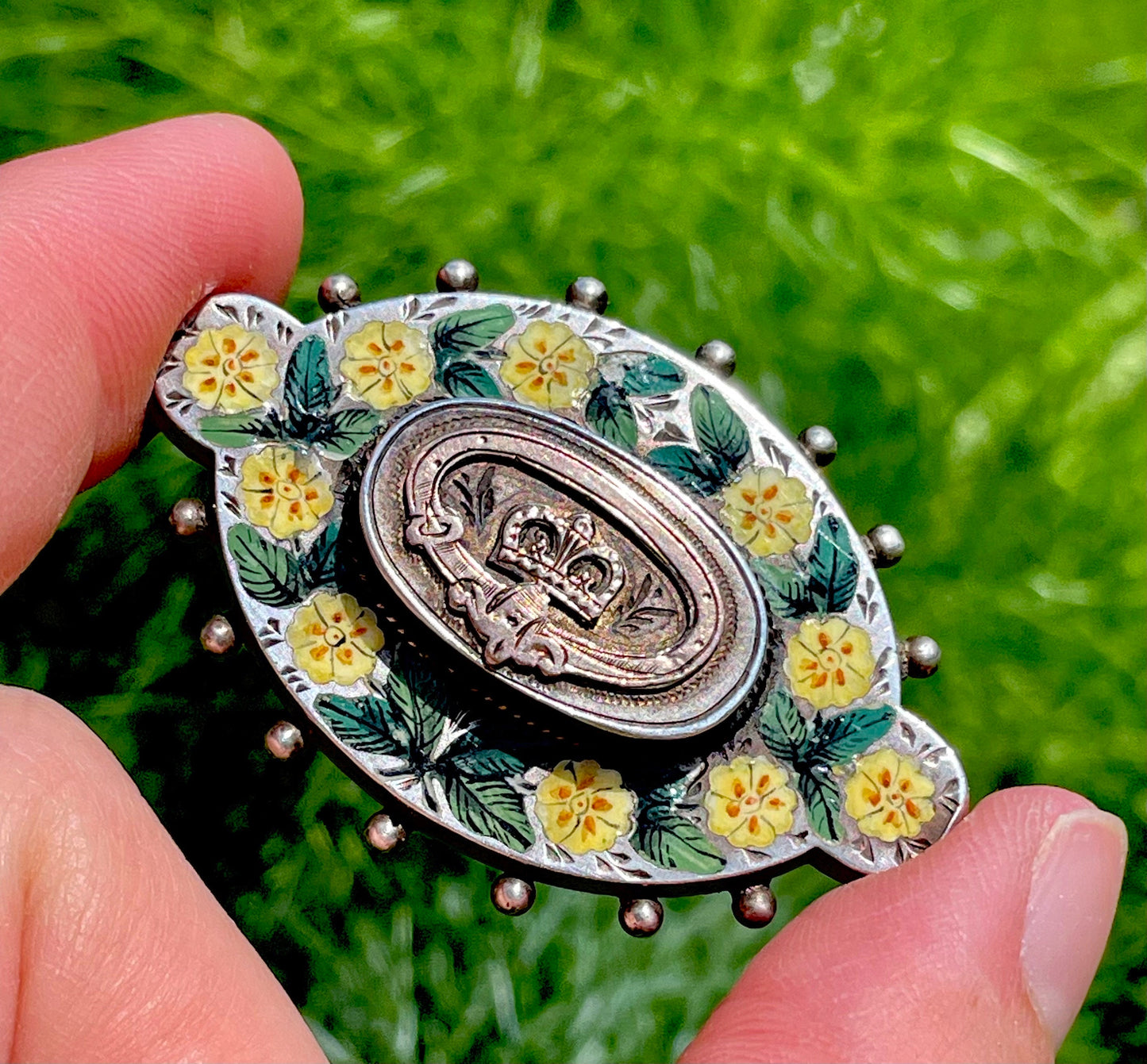 Antique Enamel Sentimental Silver Brooch; Circa 1890