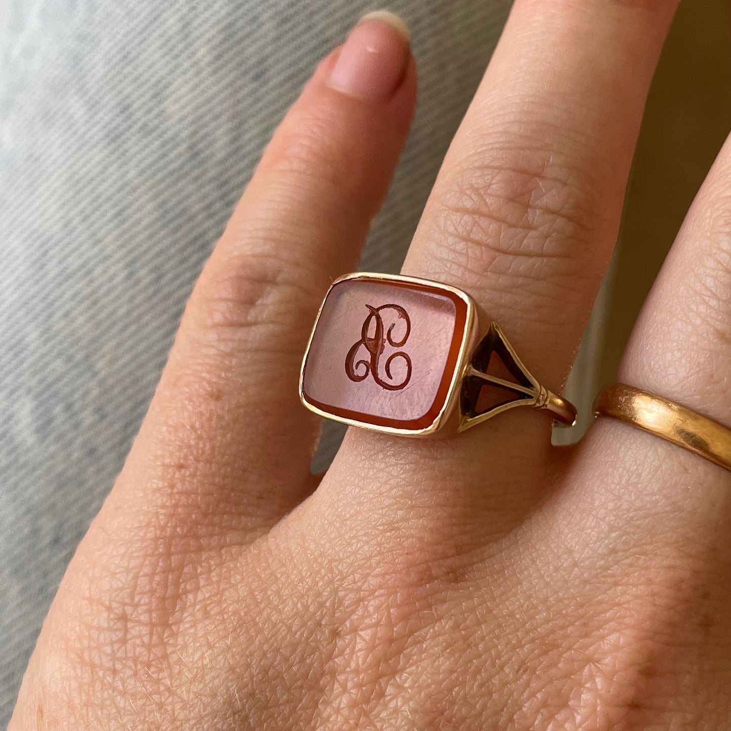 Antique Carnelian 'B' Intaglio Signet Ring in 9 Carat Gold, Circa 1880s