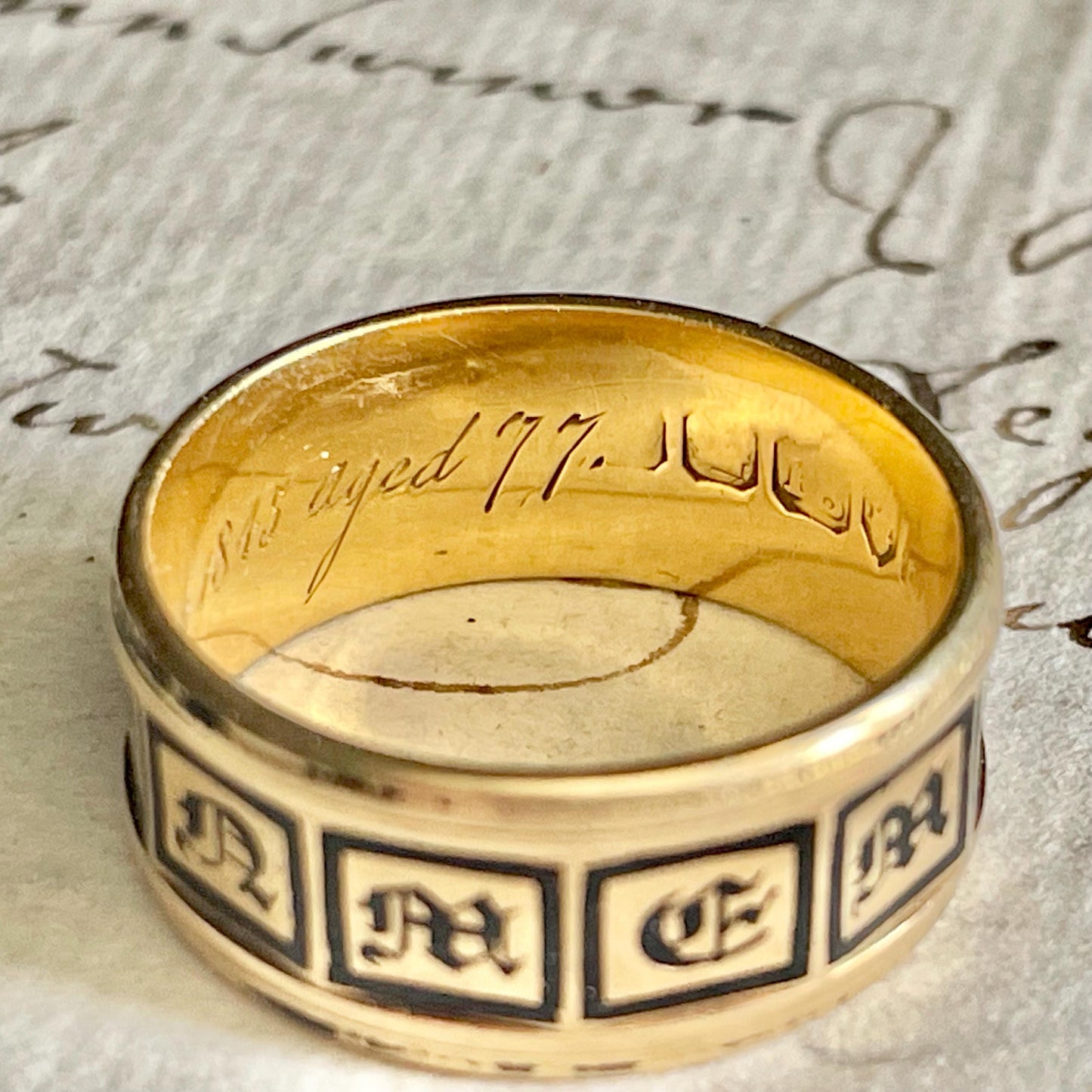 Antique Mourning Enamel Band in 18 Carat Gold; Circa 1845