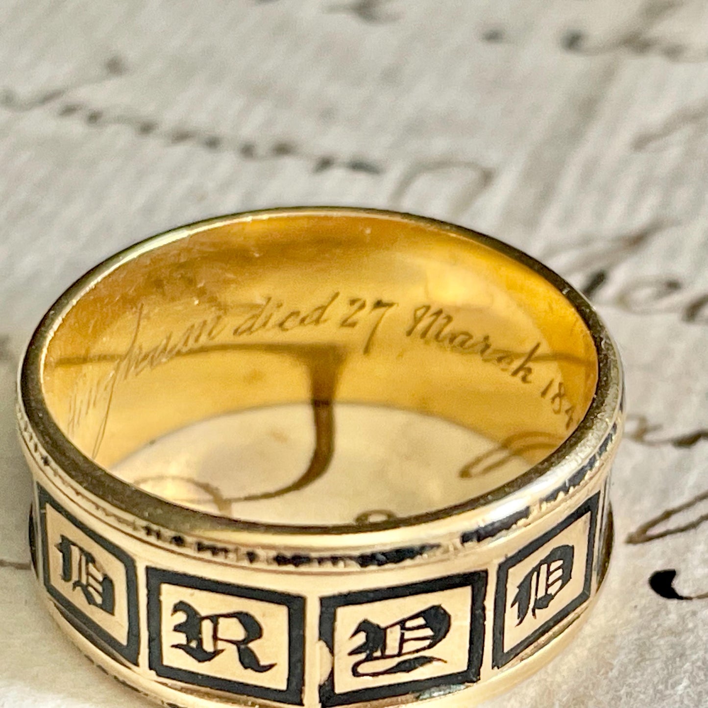 Antique Mourning Enamel Band in 18 Carat Gold; Circa 1845
