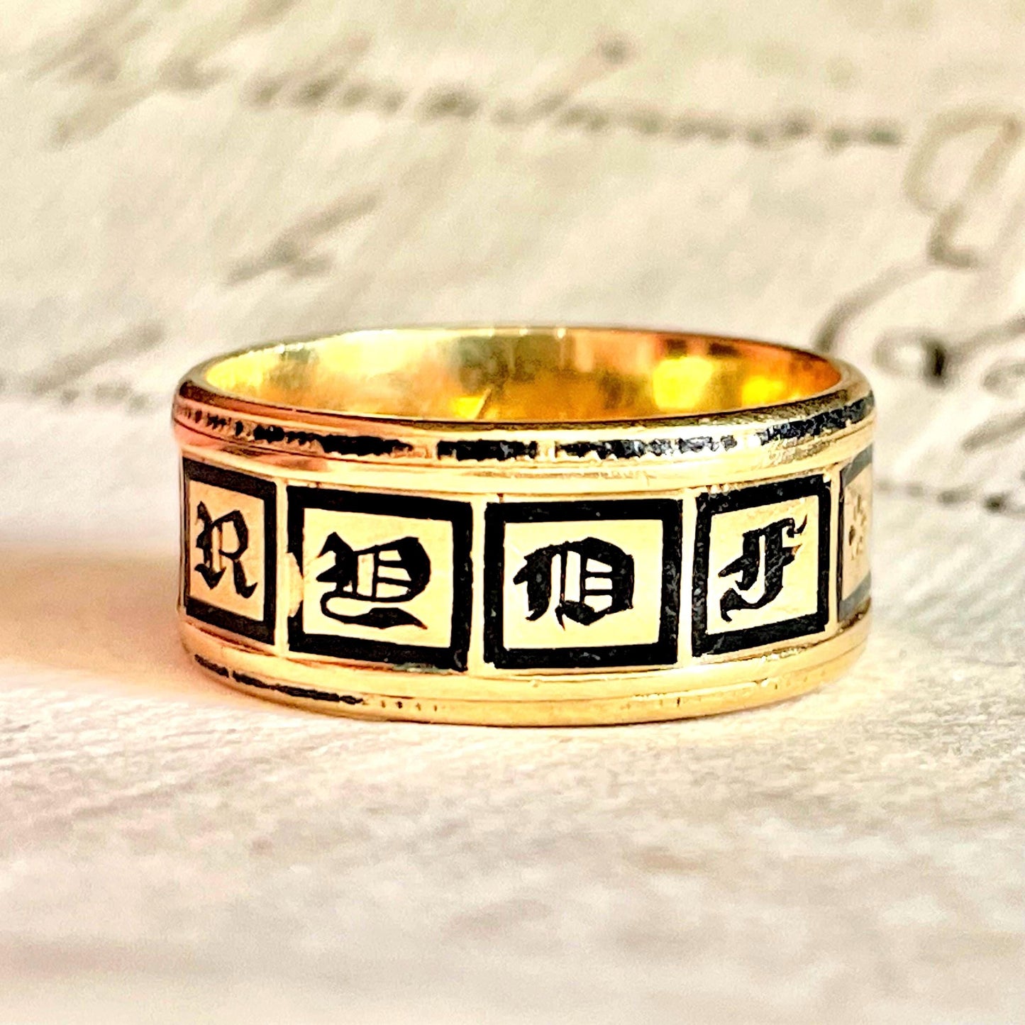 Antique Mourning Enamel Band in 18 Carat Gold; Circa 1845