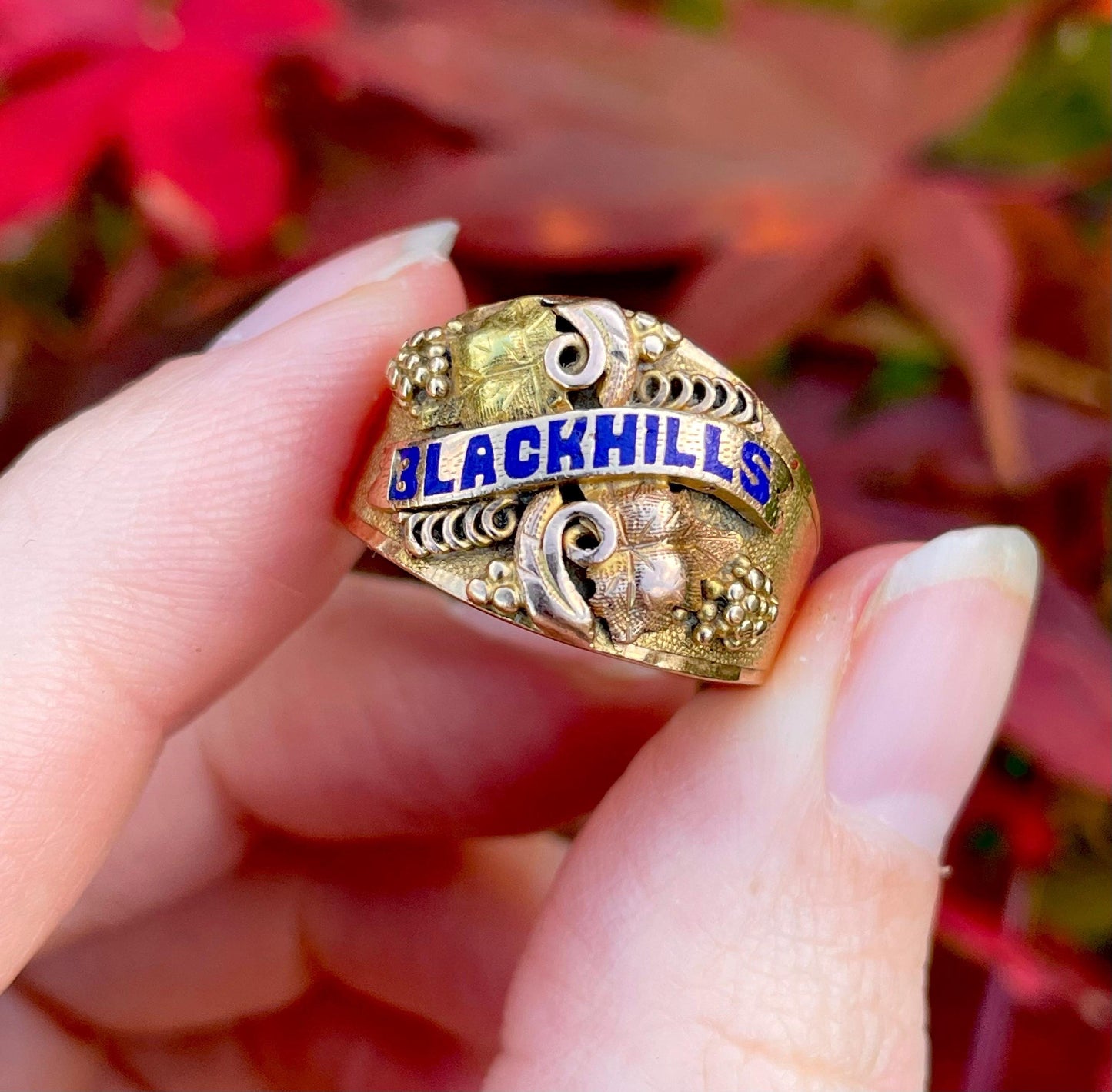 Antique Enamel Black Hills Ring in 14 Carat Gold; Circa 1899