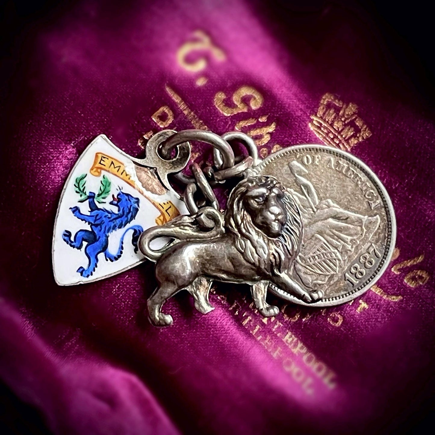 Antique Trilogy Enamel Medal Lion & Coin Pendant; Circa 1902