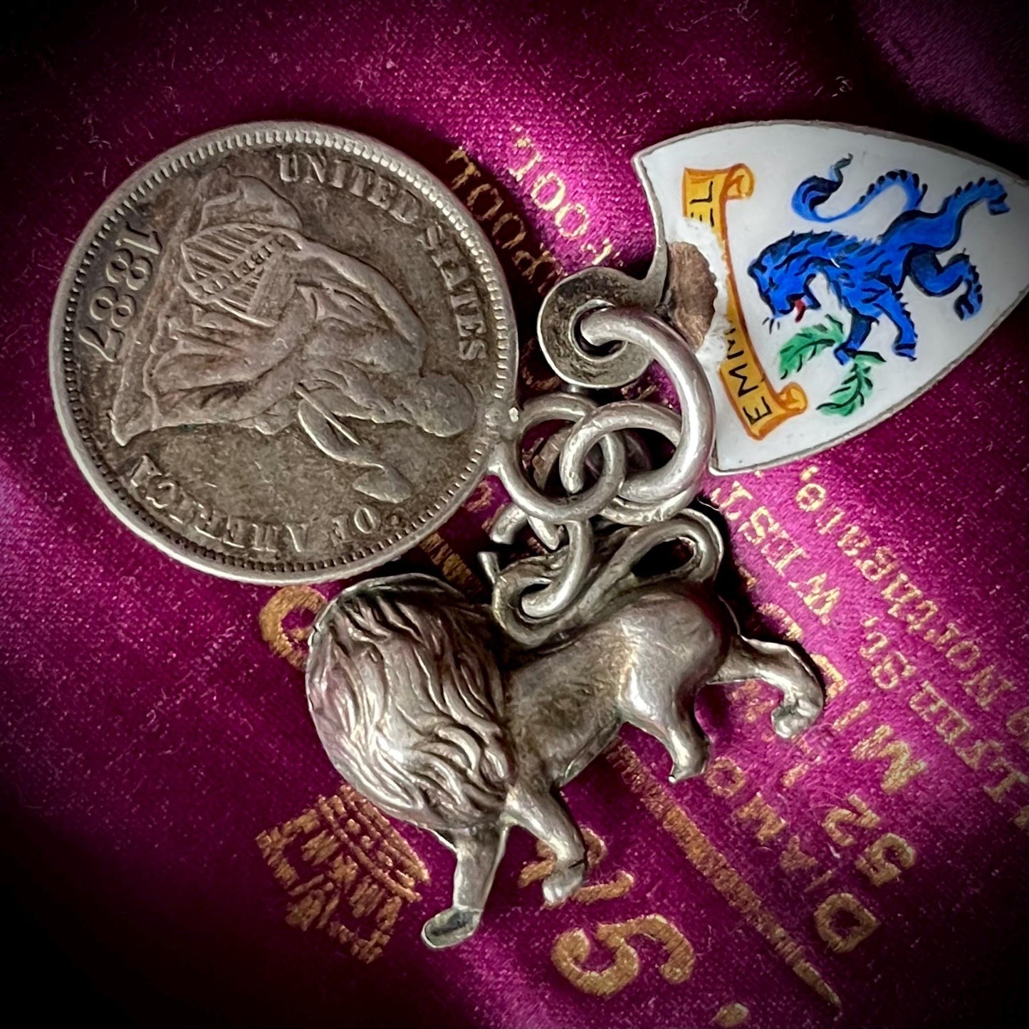 Antique Trilogy Enamel Medal Lion & Coin Pendant; Circa 1902